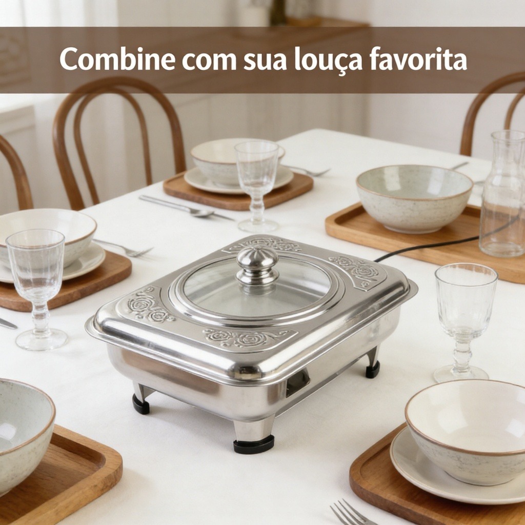 Travessa Servir Rechaud Leve Inox Tampa E Com Pé Buffet Mesa Tampa combinada estampada