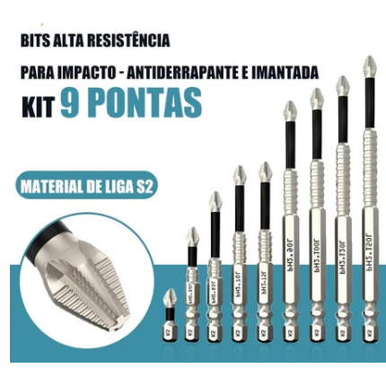Kit 9 Pontas Philips PH2 para Impacto, Imantadas e Antiderrapantes Liga S2