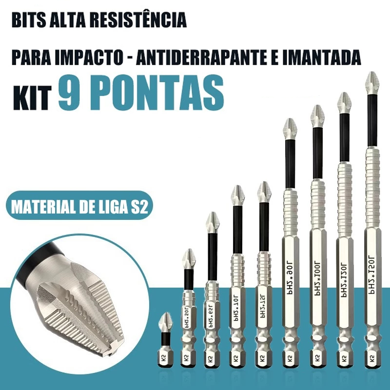 Kit 9 Pontas Philips PH2 para Impacto, Imantadas e Antiderrapantes Liga S2