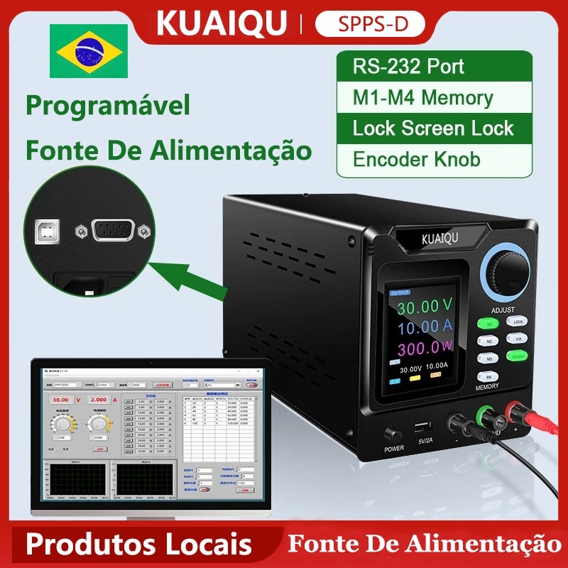 Fonte De Alimentação DC KUAIQU Variável 0-30V 10A De Bancada Com Armazenamento De Memória E Botão Codificador RS232