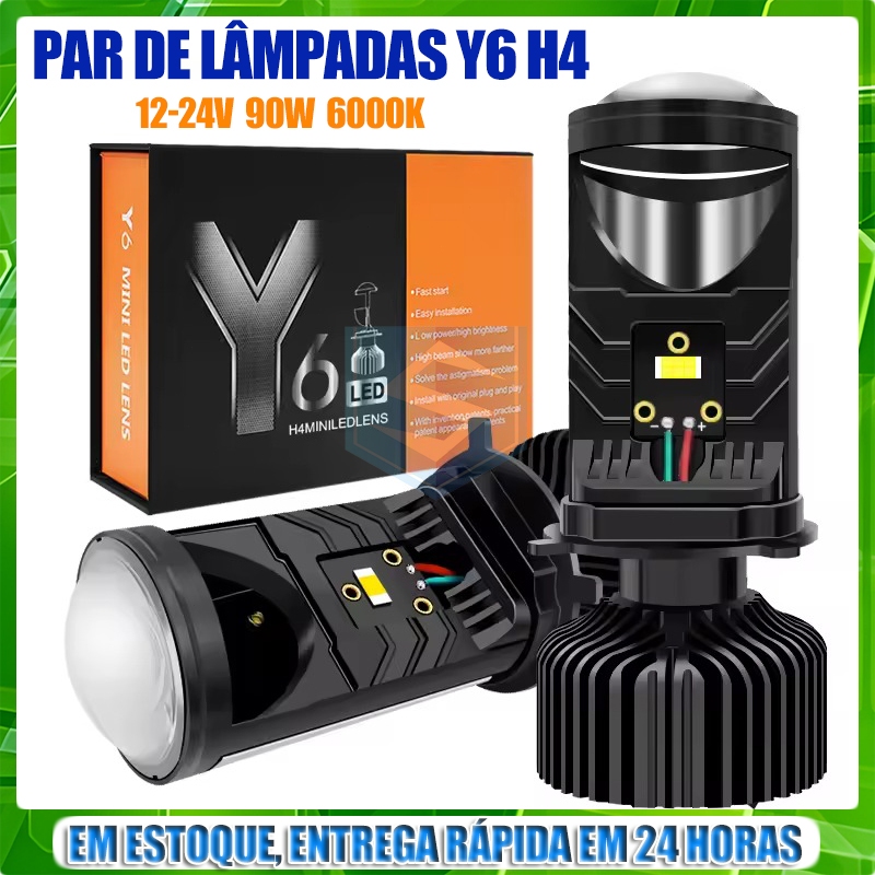 Par de Lâmpadas Y6 Super Led 6000K 120W H4 Projetor LED Mini Lente Auto Kit De Lâmpada em Oferta na Shopee
