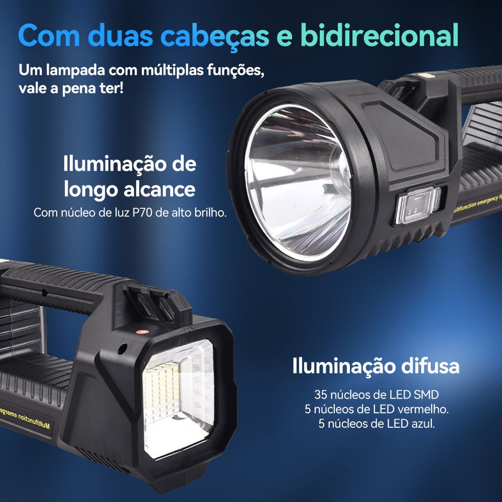 Lanterna Holofote Solar Pro Led Super Potente Recarregável com USB Luz Fria e Quente em Oferta na Shopee