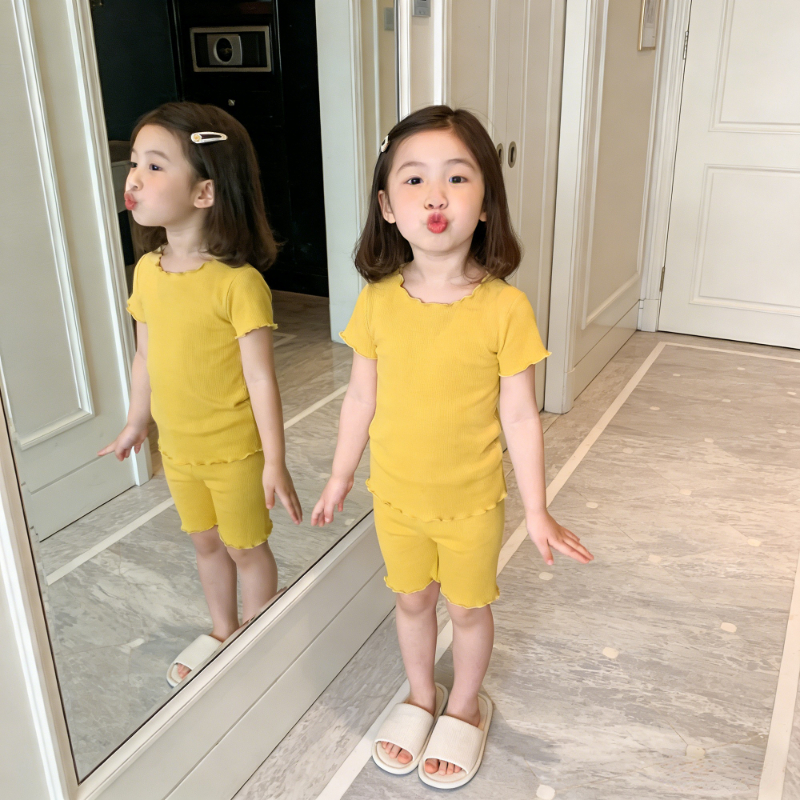 Imagem Bonito Crianças Com Nervuras Plissado Conjunto De Pijama Verão Manga Curta Pijamas Confortável Casual 2 Peças Loungewear