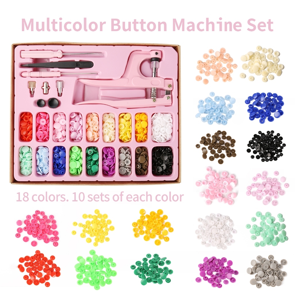 Kit Alicate de Pressão 3 em 1 Rosa Aplicador de Botão colorido C/Alicate + 200 Botões Plástico
