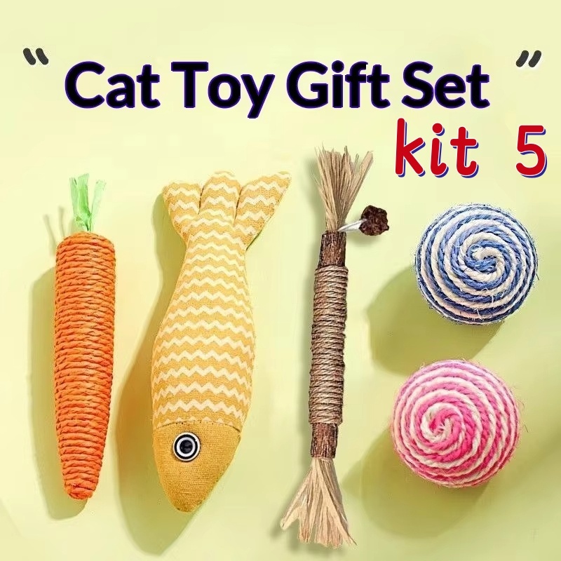 Kit 5 Brinquedos para gatos e Bastão Mastigável Mordedor Natural para Gato – Limpeza de Dentes e Diversão