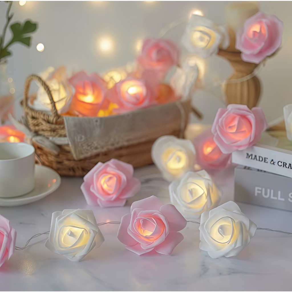 Luzes de corda LED de 1.5 m, com 10 luzes rosa e brancas - fada de flor alimentada por bateria - decoração de casamento