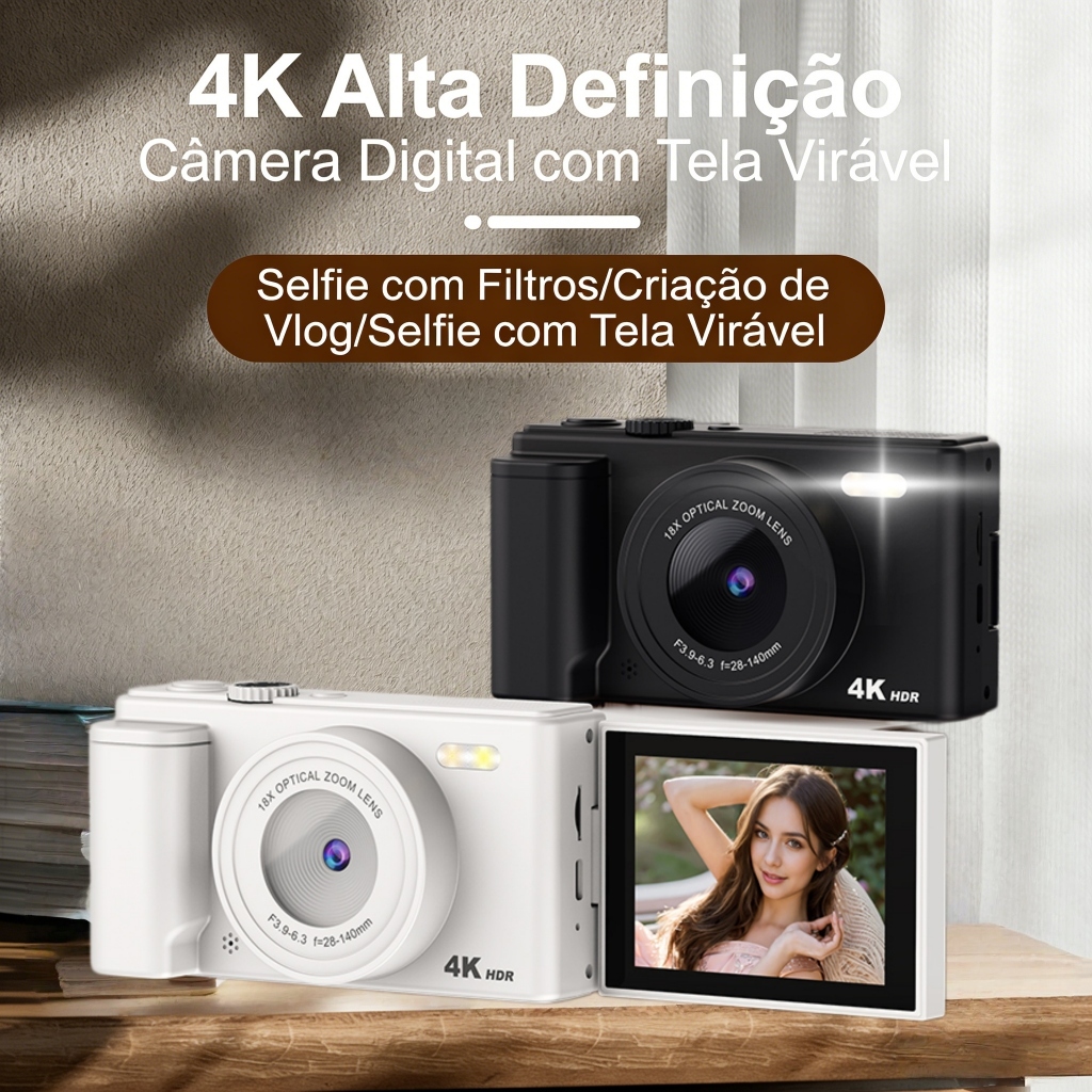 Câmera digital com zoom 4K CCD 18x, adequada para fotografia estudantil, compacta de 72MP, tela flip selfie de 180°
