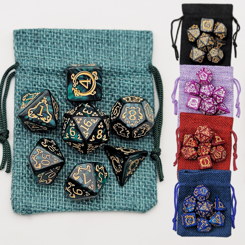 Conjunto 7 Dados RPG Runa de Dragão + Bolsa D&D Pathfinder (D6 D20 D10 D12 D4 D8)