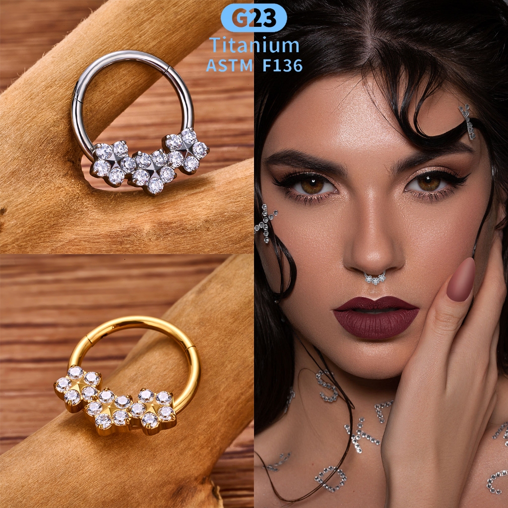 [Through My Body] G23 Titanium Three Diamond Flowers Brincos perfurados banhados a ouro e anéis de nariz