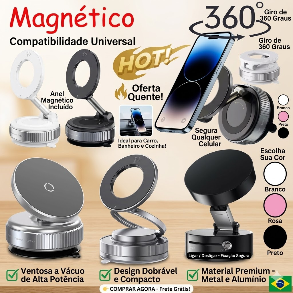 Suporte Magnético Carro Dupla Face - Ventosa Forte + Ímã - Dobrável e Multiúso