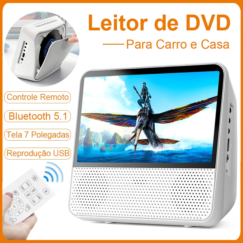 Leitor De DVD Multimídia Portátil CD Player com Bluetooth 5.1, Tela 7" Tela HD 1024x600, Entrada USB, AUX, AV em Oferta na Shopee
