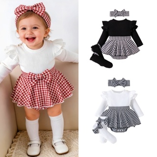 【Angel 】Macacão de manga comprida de inverno de camada dupla para bebês meninas saia Houndstooth em Oferta na Shopee