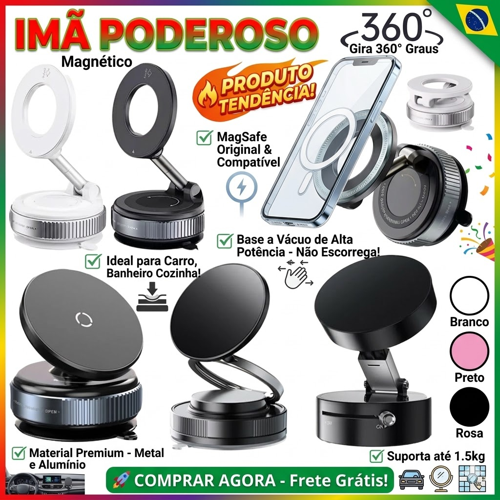 Suporte Magnético p/ Celular no Carro - 360° Giratório + Vácuo - Dupla Face e Dobrável em Oferta na Shopee