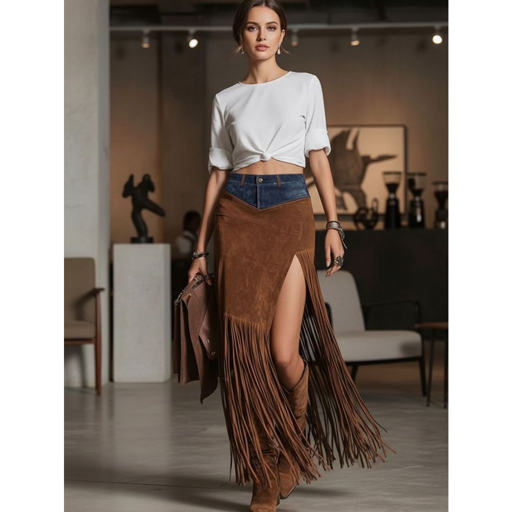 Saias Femininas De Camurça Sintética Cintura Alta Bodycon Vintage Boho Denim Retalhos Franja Maxi Saia Para Cowgirl Ocid