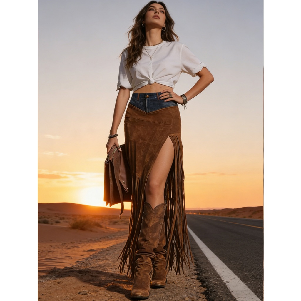 Saias Femininas De Camurça Sintética Cintura Alta Bodycon Vintage Boho Denim Retalhos Franja Maxi Saia Para Cowgirl Ocid