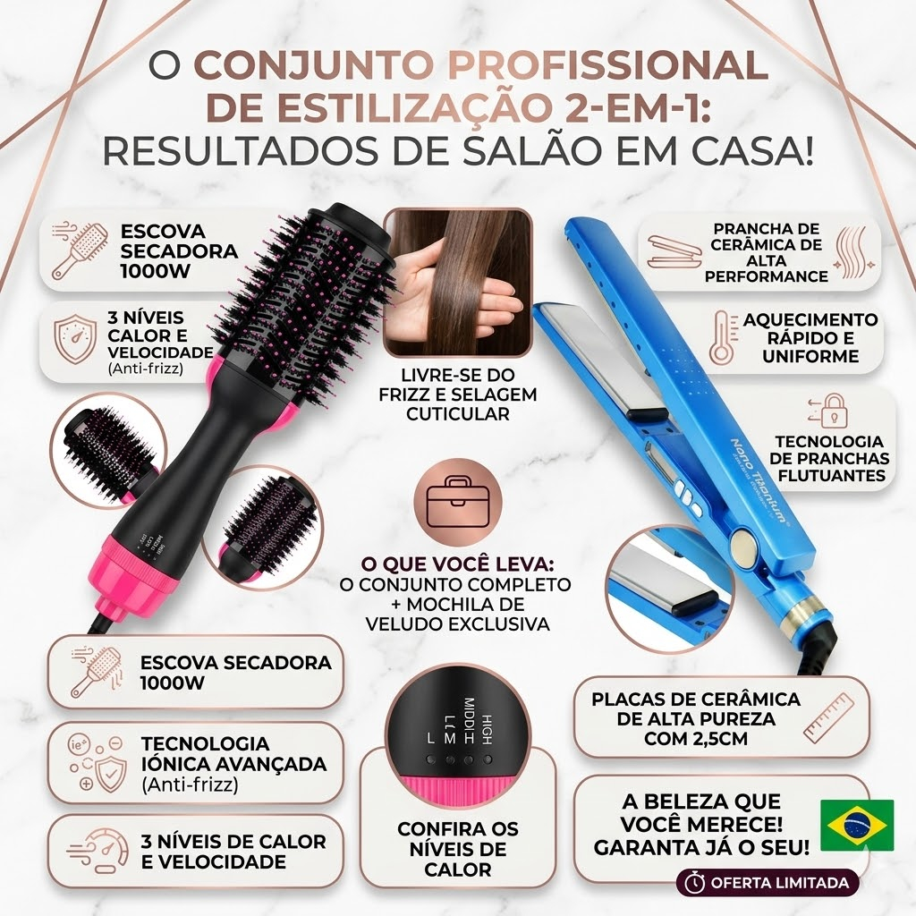 Kit Completo Prancha + Escova Secadora - Alisamento Profissional -2 em 1 - Miniatura 2