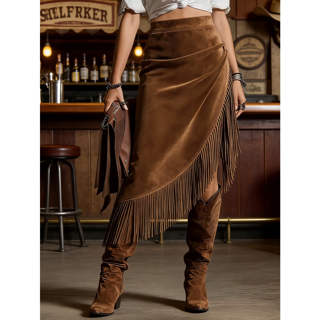 Saia Franja Marrom Vintage Assimétrica Bainha Cowgirl Retro Boho Uso Diário Verdadeiro Ao Tamanho Para Mulher Comutar Da