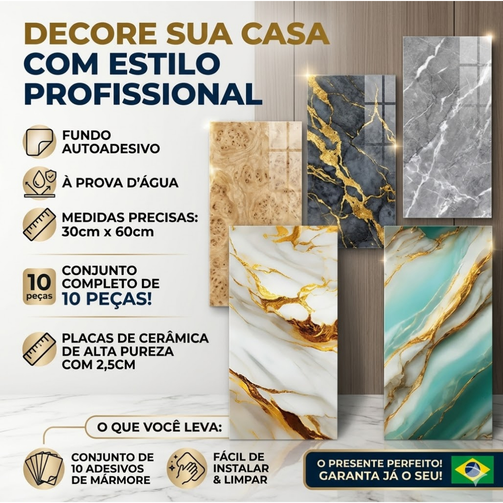 Placa Revestimento Marmore Adesivo 3D Parede Sala Cozinha Banheiro 60x60cm [ANTI-MOFO]
