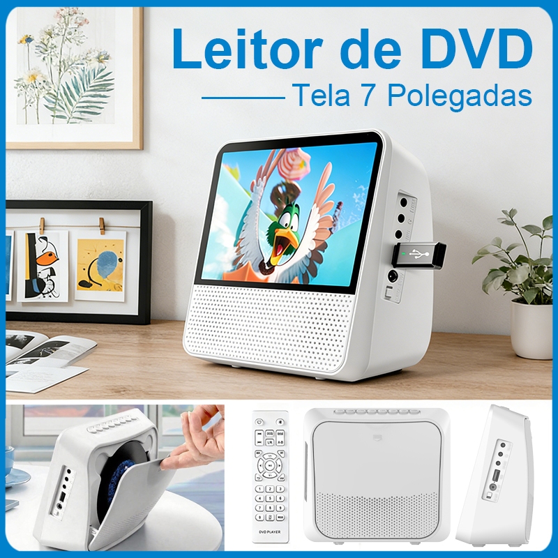 DVD Player Portátil Tela 7 Polegadas, Leitor de DVD CD Multimídia com Bluetooth, USB, AUX, AV, Bateria Recarregável