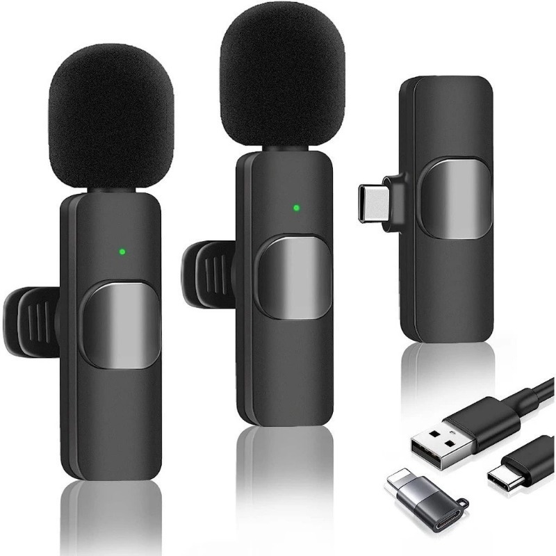 Microfone de Lapela Sem Fio K9 Vlog Compatível Tipo C e iPhone Bateria de Longa Duração