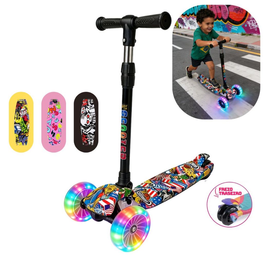 Patinete infantil 4 rodas com led ajustável scooter dobrável menino menina-5cm roda larga