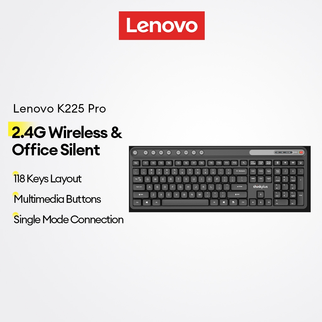 Teclado Sem Fio Lenovo K225 Pro Office Silencioso Com 118 Teclas E Botões Multimídia Mais Modo Único 2.4G