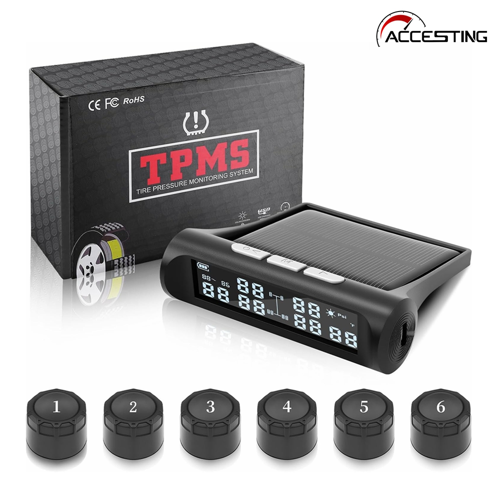 TPMS Monitor de Pressão de Pneus com 6 Sensores Externos, Carregamento Solar e USB,6 Modos de Alarme