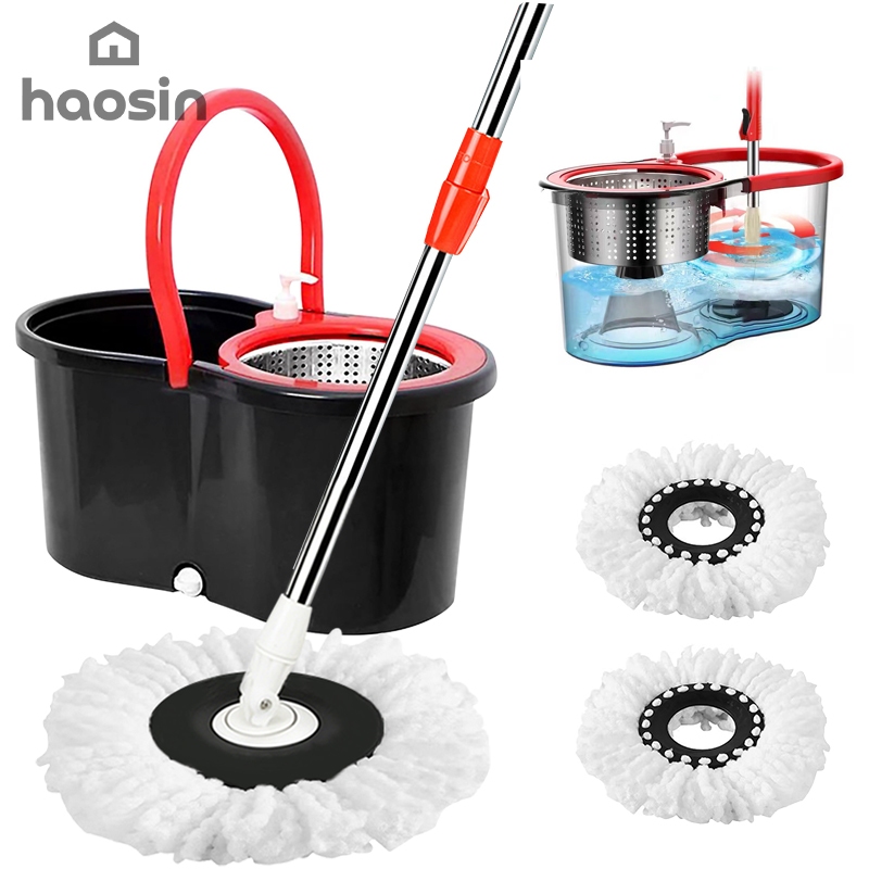 haosin Mop Giratório Cabo Grande de 140 cm 14 Litros Cesto Em Plástico e Inox - Balde Centrífuga Preto