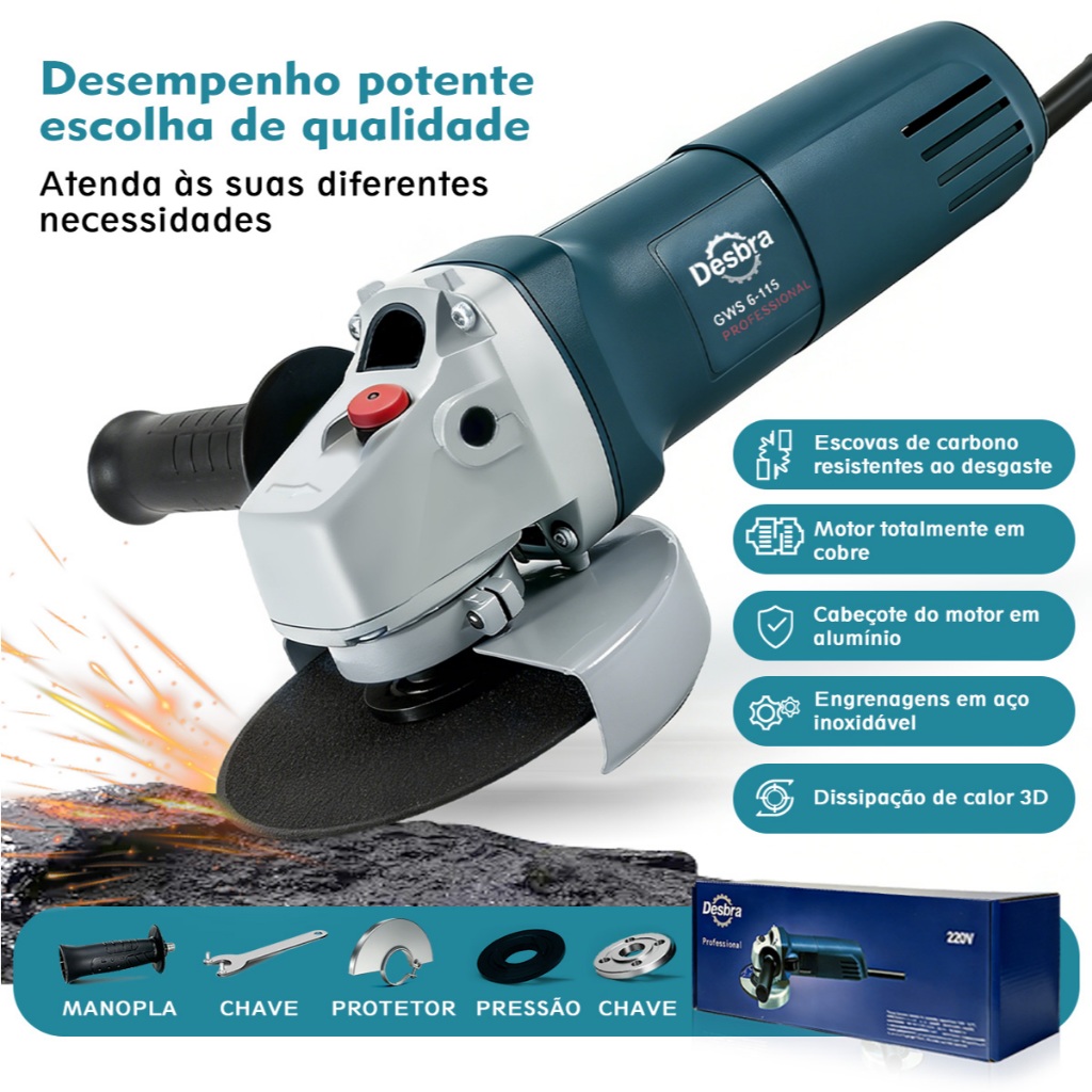 Kit Esmerilhadeira Angular Profissional Bivolt 110V/220V Multifunção para Corte Lixagem e Polimento em Oficina e Casa