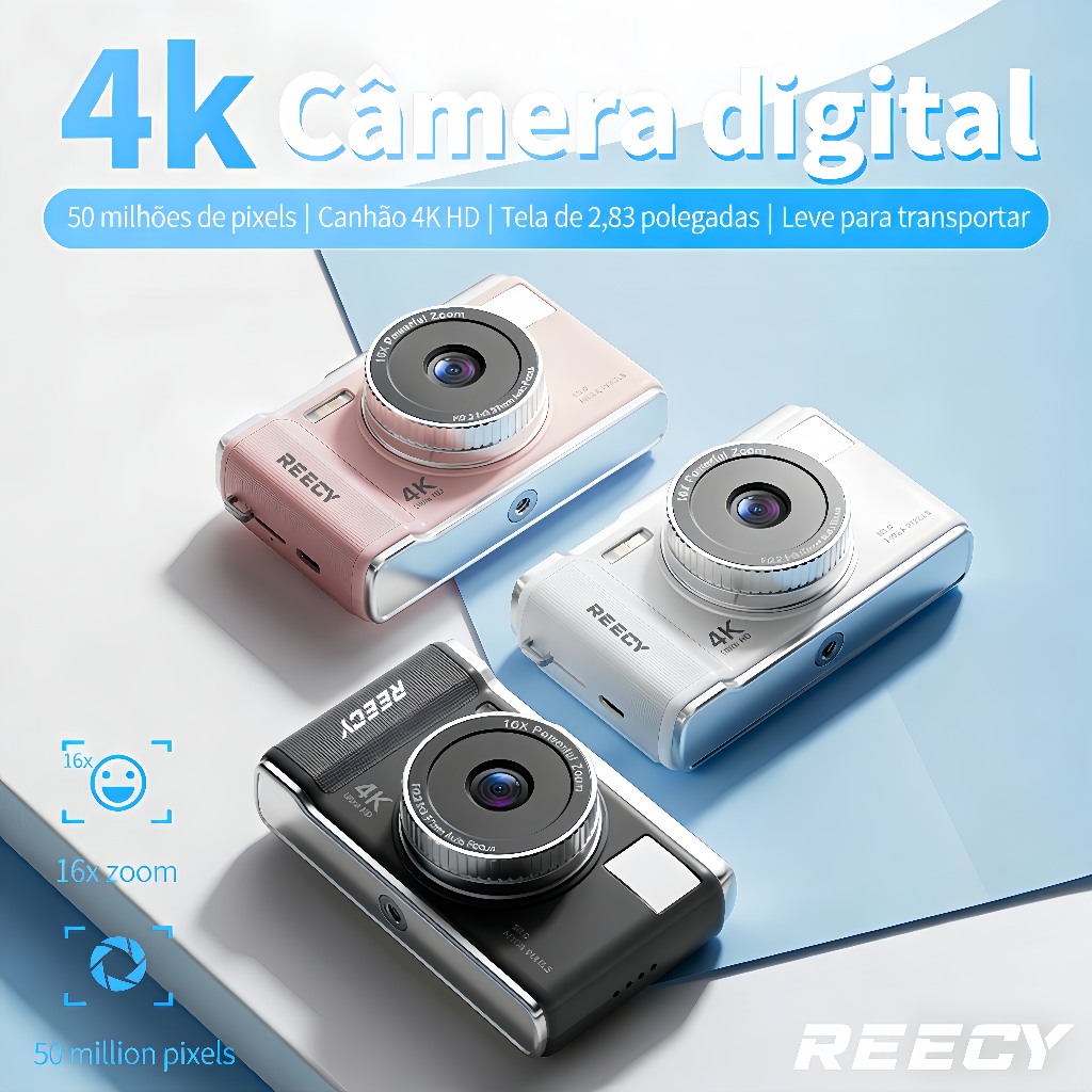 Câmera Vlog Digital 4K,CCD beleza,  Zoom 16X+50MP, foco automático, Flash, Cartão TF  32GB, Estudante + iniciante