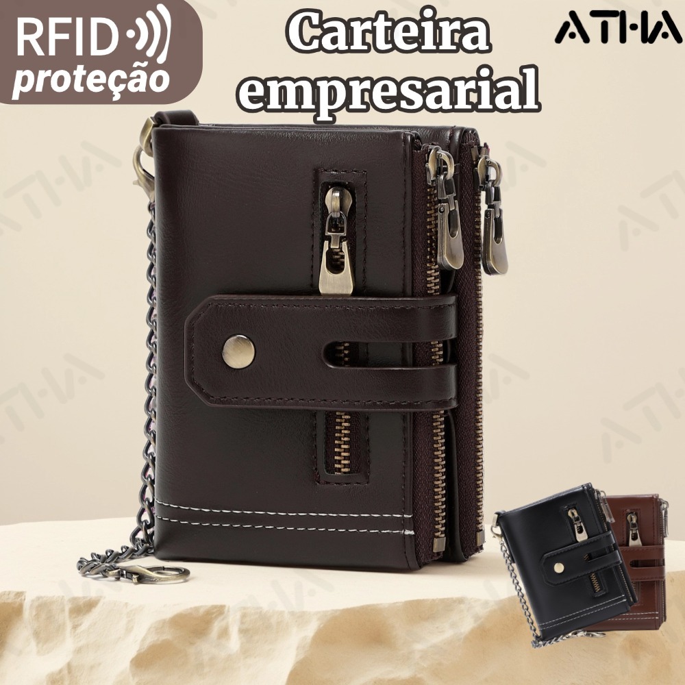 Carteira de Couro Genuíno Masculina Proteção RFID Corrente Estilosa Novidade para 2026 fina texturizada Carteira empresa
