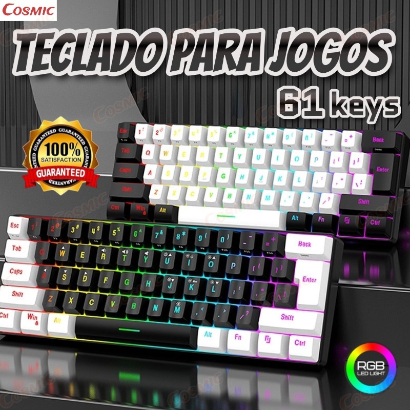 Teclado para jogos com fio 61-Key RGB Backlight Mini Compact USB-C Cabo de alimentação plugável Teclado de escritório-CO