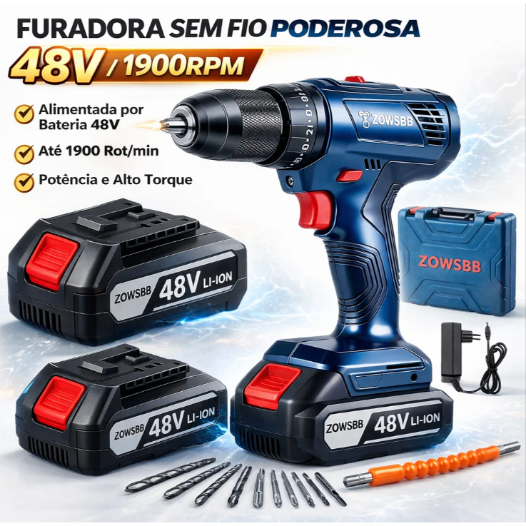 Furadeira Parafusadeira de Impacto 48v Profissional 1900 Rpm Parafusadeira 2 Baterias Genérica Bosch