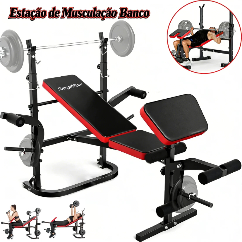 Strengthflow Estação de Musculação com Banco para Supino e Encosto Ajustável Multifuncional