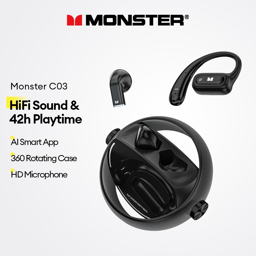 Fone de Ouvido Bluetooth Monster C03 Sem Fio Original Estojo Giratório 360 Bateria 42h HiFi Som App
