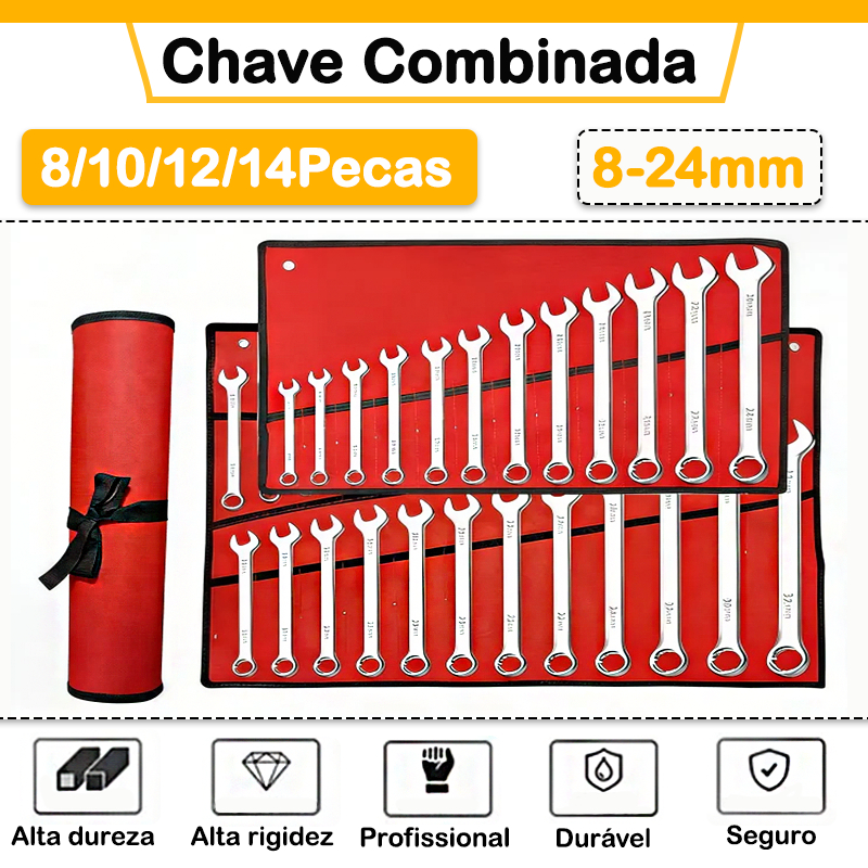 Jogo Chave Combinada Aço Cromo Vanádio Com 8-10-12 e 14 Peças De 8mm a 24mm Durável e Profissional em Oferta na Shopee