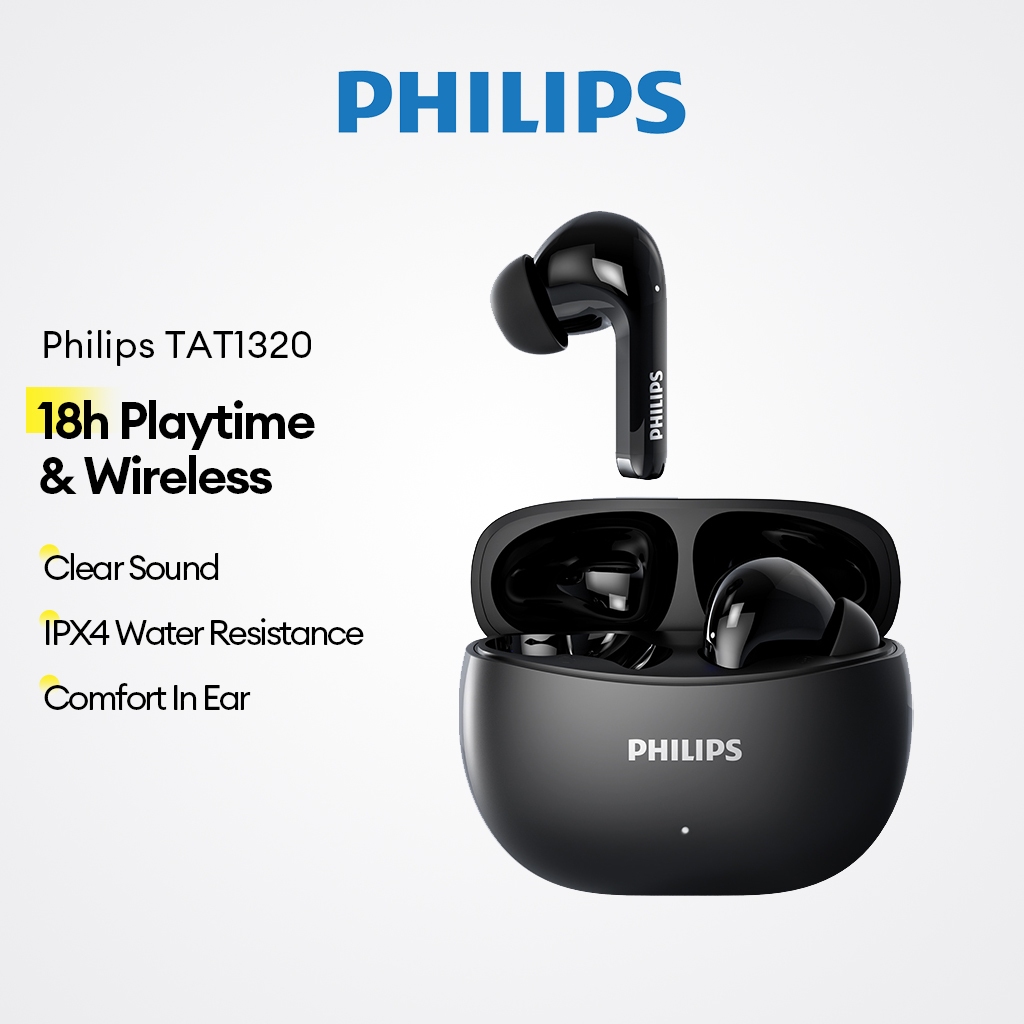 Philips TAT1320 Fone de Ouvido Bluetooth Sem Fio TWS Resistente a Agua IPX4 Som HiFi Graves Fortes Original Bateria 18h
