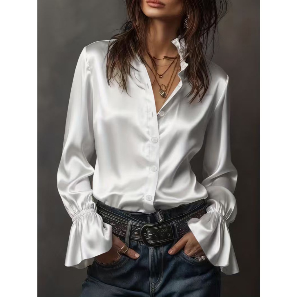 Blusas Femininas Elegantes De Manga Sino 2026 Primavera Outono Branco Cetim Camisas Comprida E Blusa Senhora Do Escritór em Oferta na Shopee