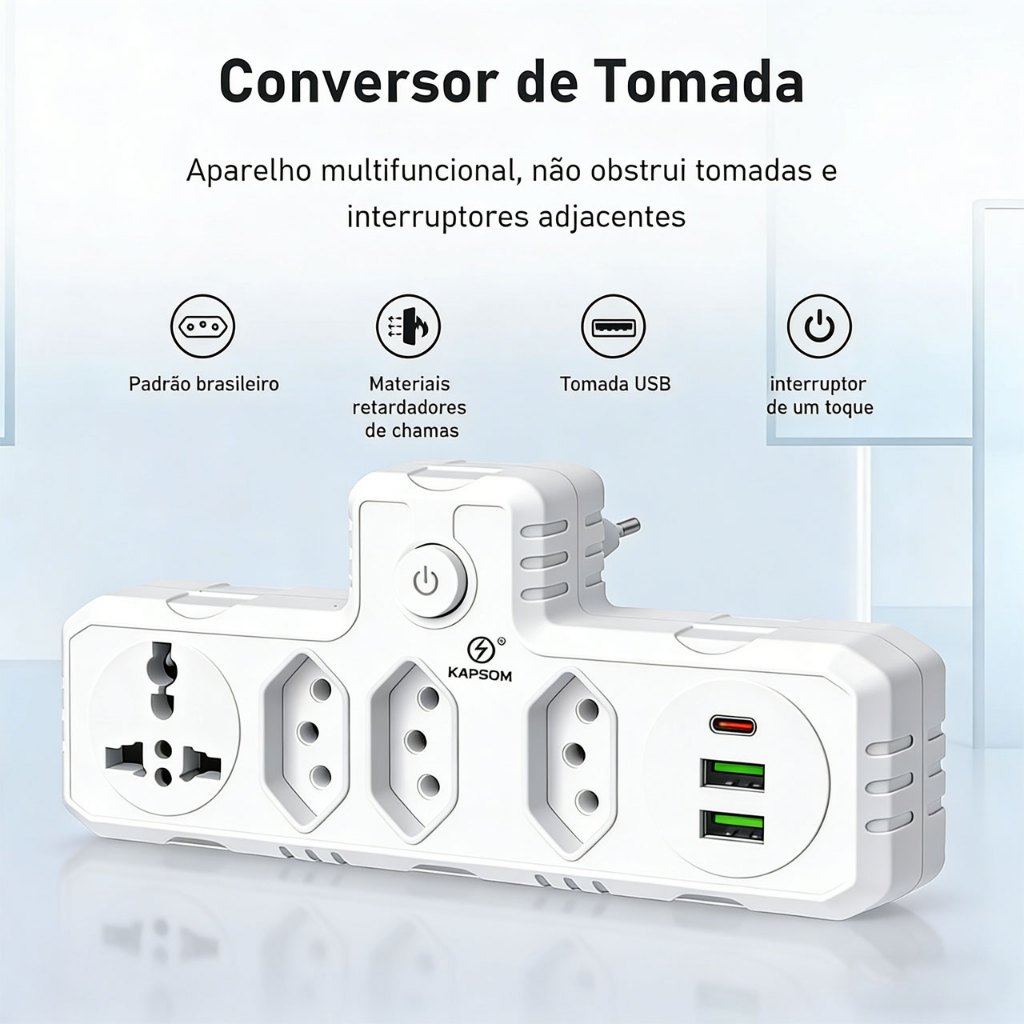Adaptador elétrico com régua de 4 tomadas e 2 portas USB (1 tipo C)