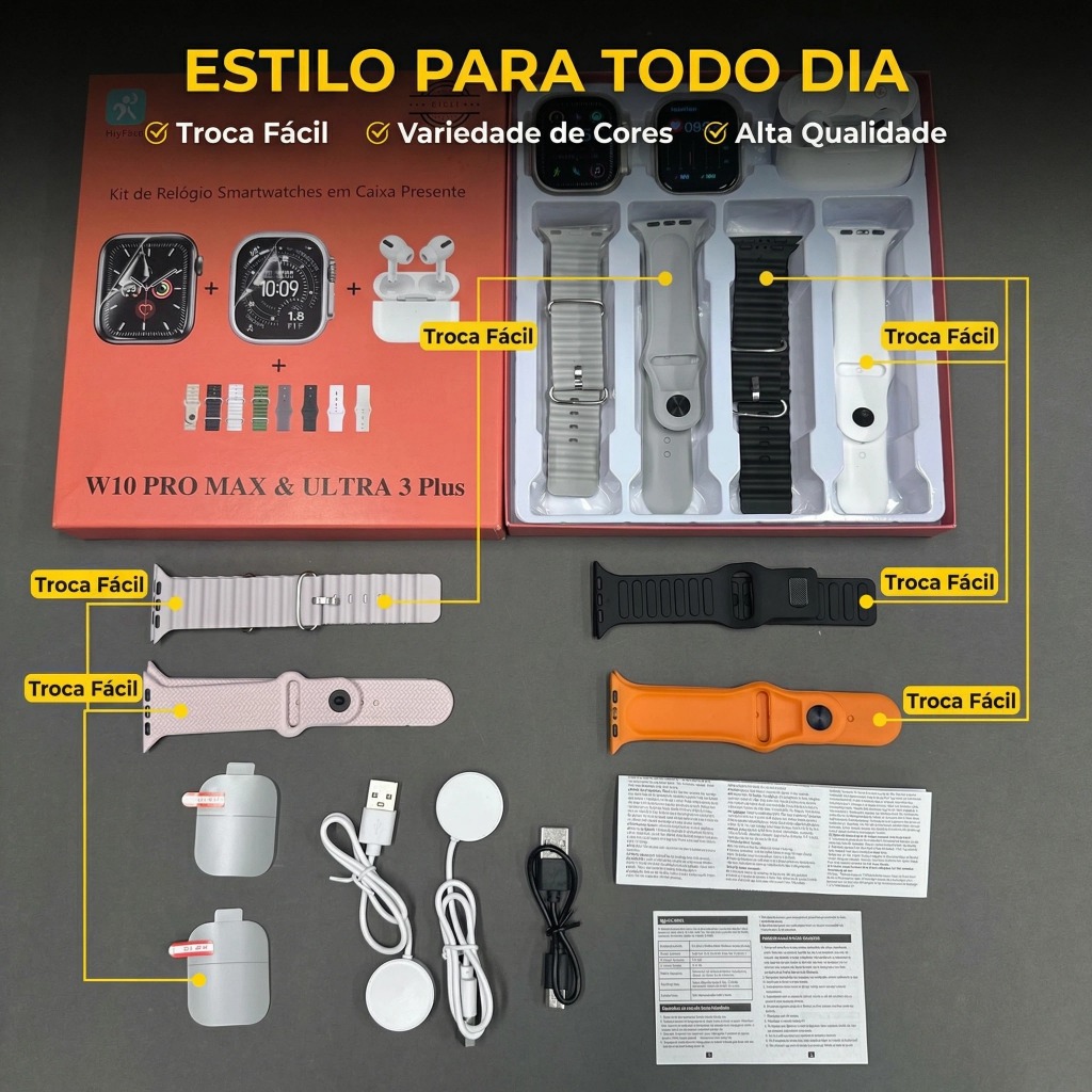 Relógios Inteligentes W10 Pro Max & Ultra 3 Plus Kit com 2 Smartwatches I13 Fones de Ouvido 8 Pulseiras Exclusivas Monit