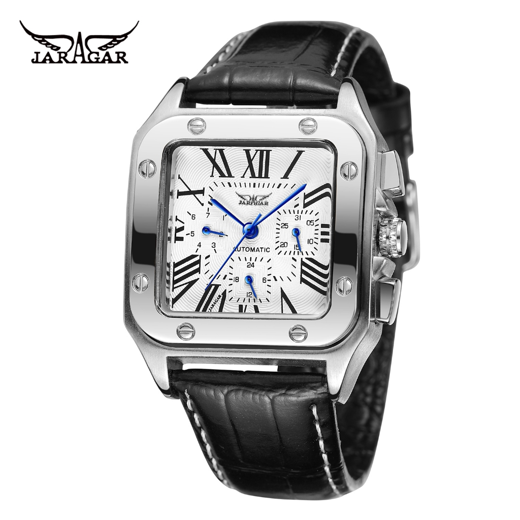JARAGAR 6902 Criativo Quadrado Relógio Mecânico Masculino Clássico Vintage Mostrador Romano Auto-Enrolamento Multi-Funçã