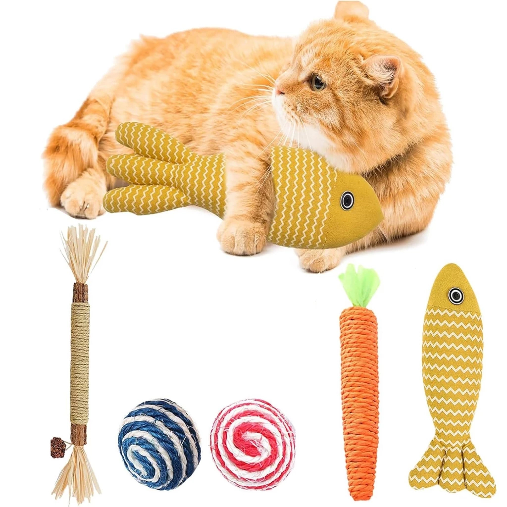 Kit 5pcs Brinquedos para gatos e Bastão Mastigável Mordedor Natural para Gato – Limpeza de Dentes e Diversão