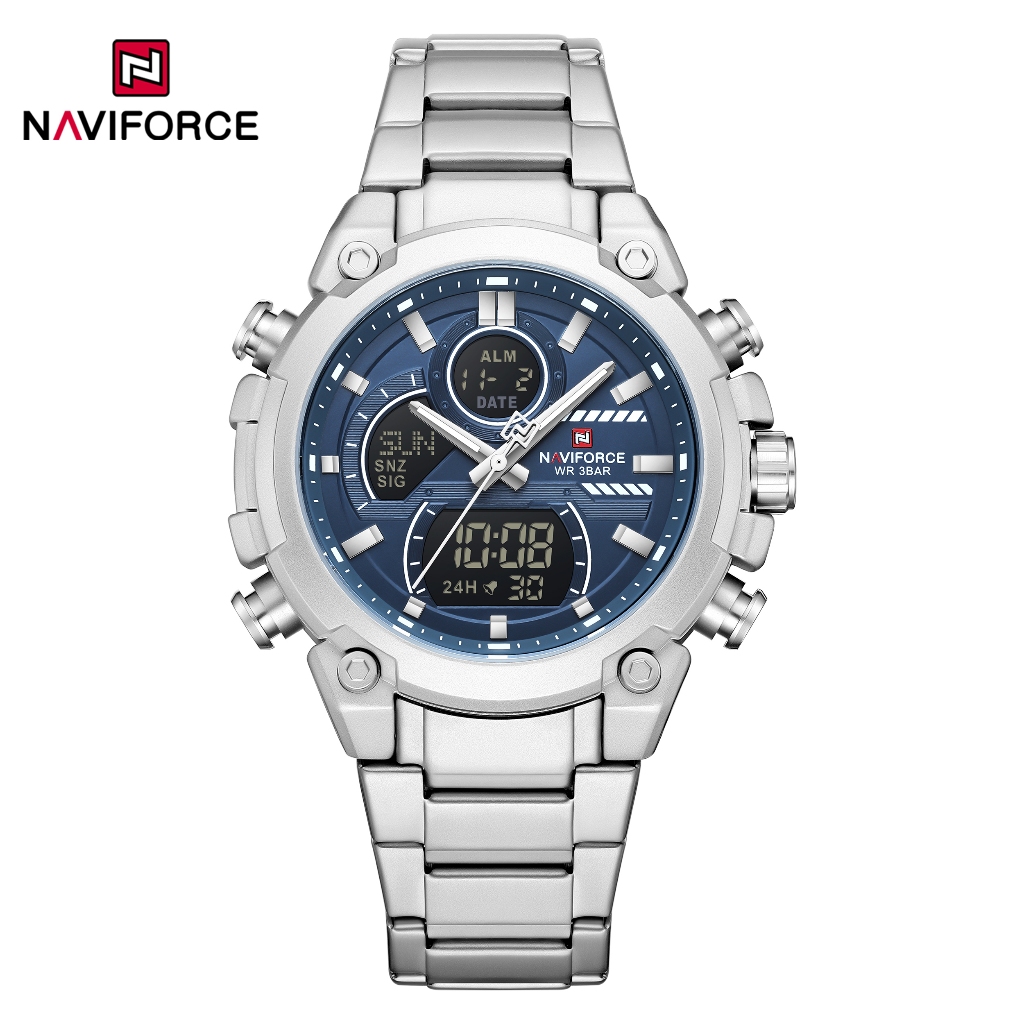 NAVIFORCE 9278 Relógio Esportivo Multifuncional Masculino Com Display Duplo Em Aço Prateado Cinto Luz Noturna À Prova D'