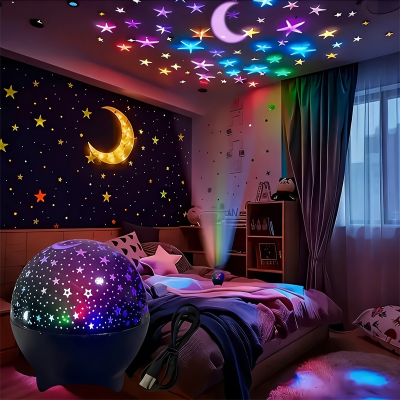 Luminária Projetor de Estrelas Luz Noturna Projetor de Luzes LED de Lua USB Capa de PE Várias Cores para Quarto e Festas