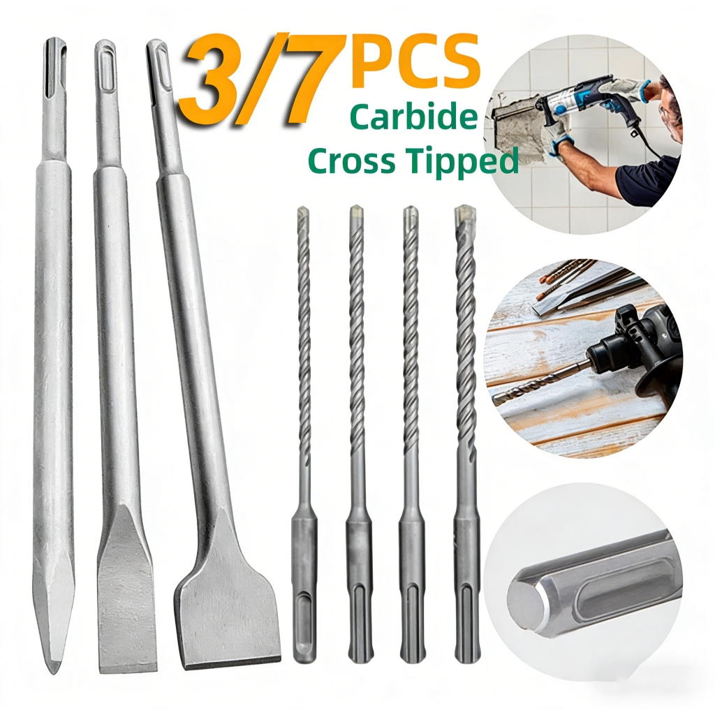 Kit 3/7pcs Para Martelete Ponteiro Talhadeira E Brocas 6mm 8mm 10mm 12mm Rompedor