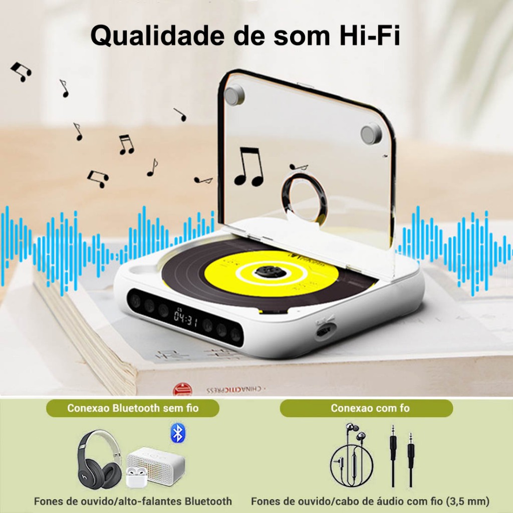 Leitor De CD Bluetooth Recarregável Portátil Com Fones De Ouvido Intra-Auriculares , Suporta Formatos/MP3/- RW