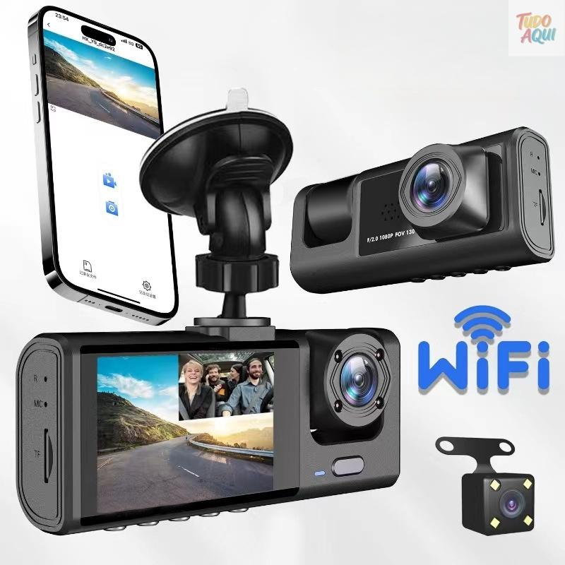 Câmera Dashcam Wi-Fi 3 Lentes HD 1080P 24h Monitor De Estacionamento DVR De Vídeo Wifi TUDO