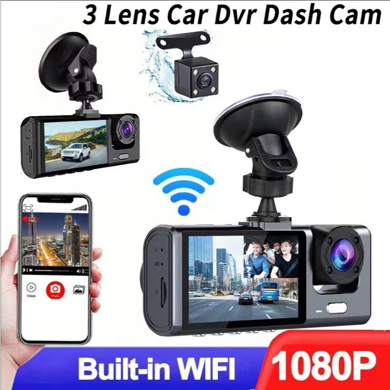 Câmera Traço Para Carro Wi-Fi 1080P HD Dash Cam 3 Câmera 24H Monitor de Estacionamento dvr 360°，FLASH_DIGTAL