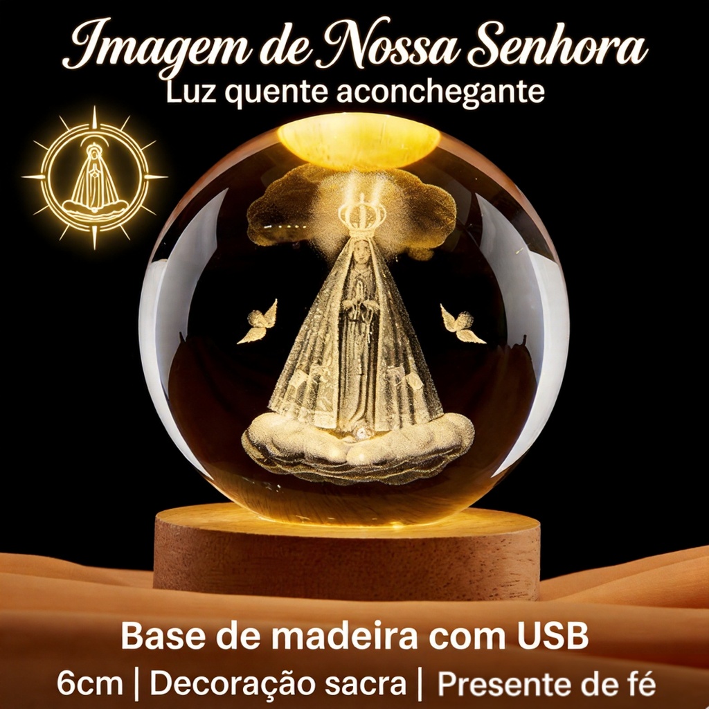 Luminária Nossa Senhora Aparecida Cristal LED 3D Mesa Presente Quarto Decoração Religiosa Católico