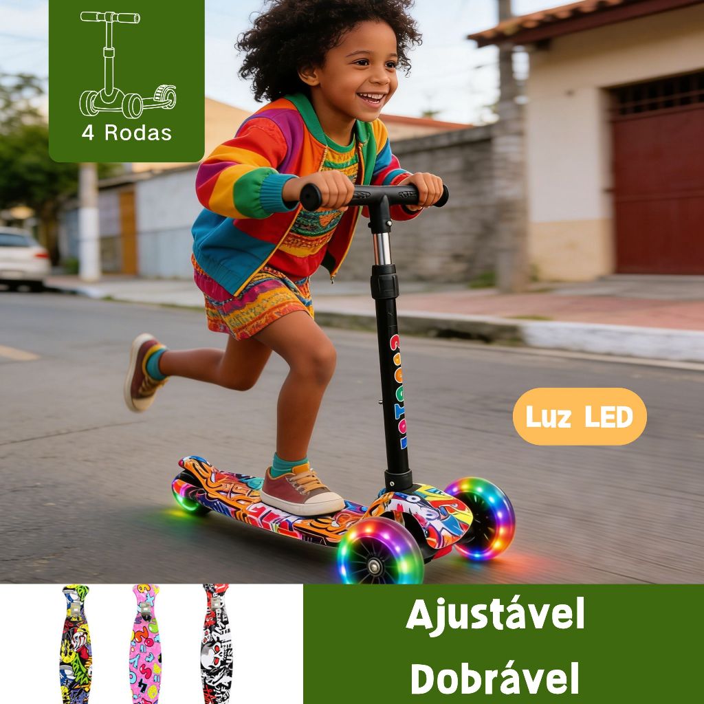 Patinete Infantil 4 Rodas com Luzes LED - Ajustável e Dobrável para Crianças de 2 a 6 Anos